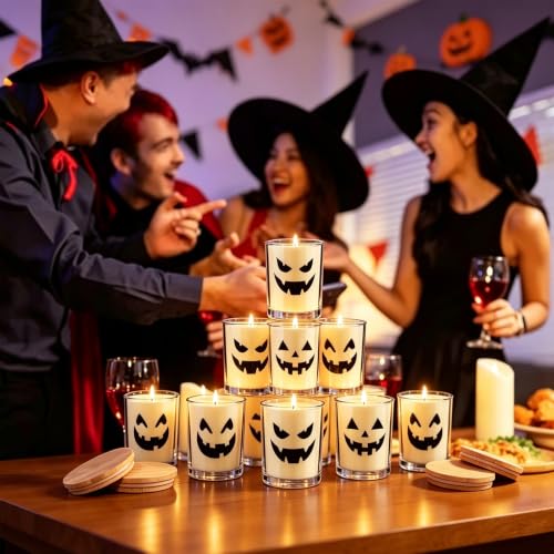 Halloween Glass Candle Jars with Lids - Scary Pumpkin Face, 12 Pack