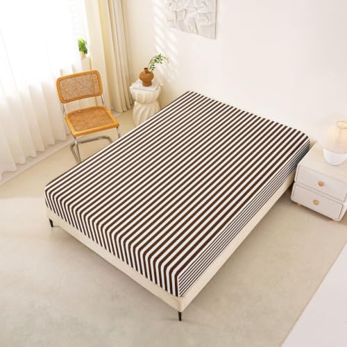 Brown White Stripe Bed Sheets Queen Size Bedding Set with Deep Pockets