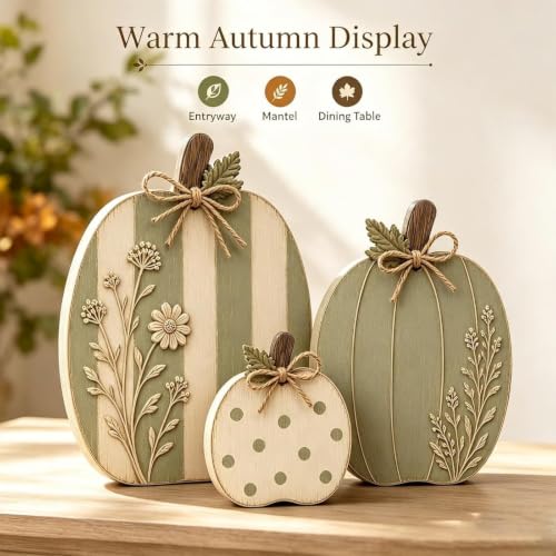 Wooden Pumpkin Decor Set - Rustic Fall Autumn Centerpieces, Sage & Cream