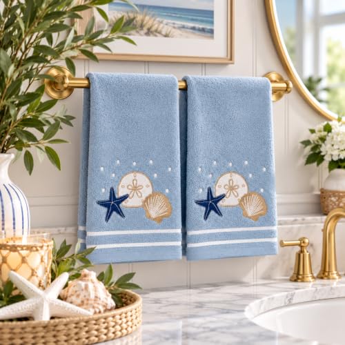 Gone Coastal Hand Towels for Bathroom - Light Blue Shells, Starfish & Sand Dollar - 2 Pack
