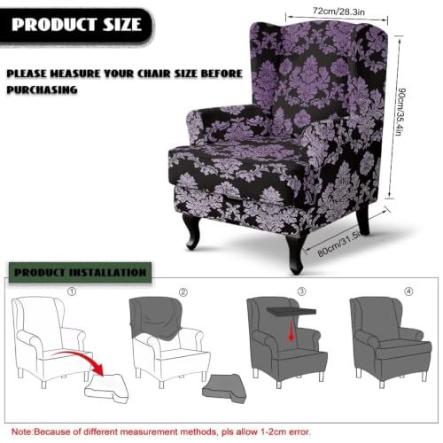 Purple Damask Floral Wingback Chair Slipcover with Elastic Bottom - Stain Resistant Furniture Protector for Living Room & Bedroom - BYCHECAR