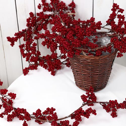 Large Red Berry Garland - 2 Pack, 56 Inch Artificial Christmas Decor for Fireplace & Mantel