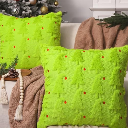 Green Christmas Pillow Covers Set of 2 - 18x18 Faux Fur Decor with Red Ball Embroidery - Variation Green2
