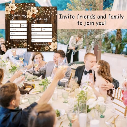 25 Pack Rustic Wood Floral Invitations with Envelopes - Fill-in Party Cards