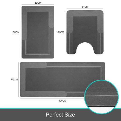 HelloTree 3PCS Bath Mat Rug Rubber Non Slip Quick Dry Rug Sets Super Absorbent Thin Bathroom Rugs Fit Under Door Dark Grey Washable Bathroom Floor Mats for in Front of Bathtub, Shower Room, Sink