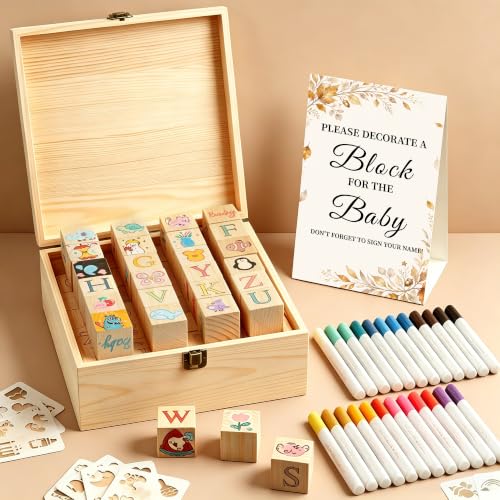Baby Shower Games Kit with Templates and Wooden Blocks - Gold & E+ Variation
