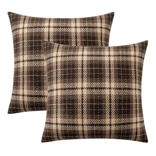 18x18 Inch Tartan Plaid Throw Pillow Covers Set of 2 Coffee Brown Fall