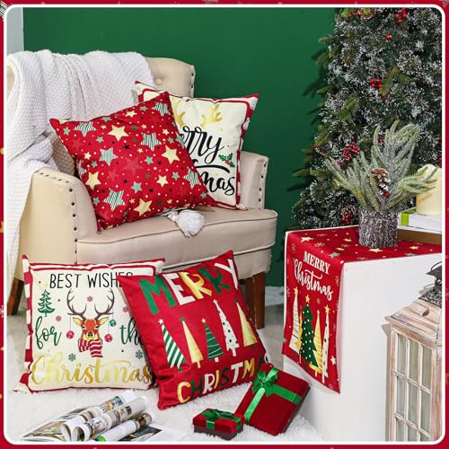 Christmas Table Runner & Pillow Covers Set - Star Pattern, 18x18 Inch, Holiday Decor