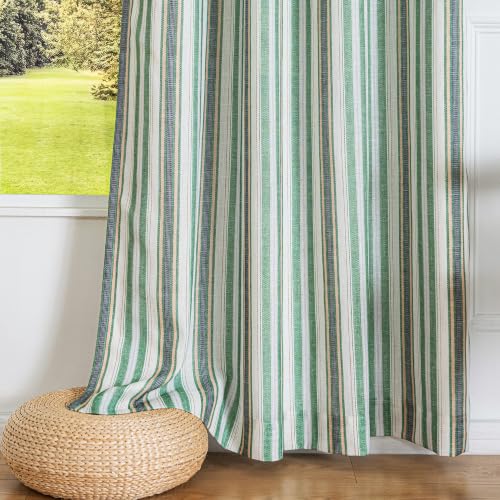 Blackout Linen Curtains 52W x 84L Green Striped 2 Panels - Thermal Insulated