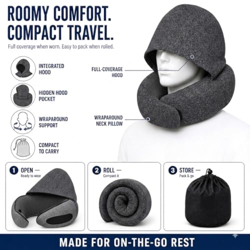 Black Travel Neck Pillow with Hood, Memory Foam Support & Eye Cover