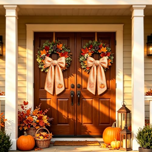 Fall Wreath Sash with Watercolor Pumpkin and Plaid Pattern - 55.1" x 4.7"