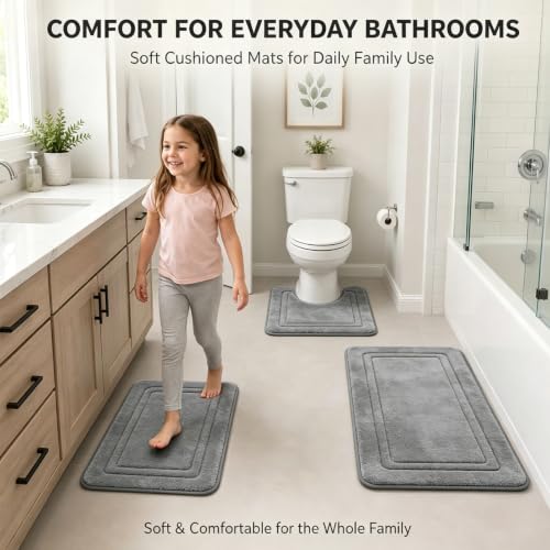 3 Piece Memory Foam Bathroom Rug Set - Ultra Soft Non Slip Quick Dry Bath Mats