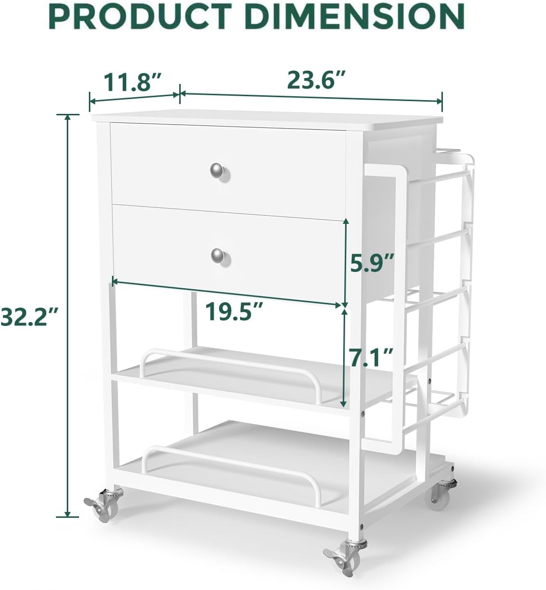 Skiennix Wrapping Paper Organizer - Craft Cart with Ribbon & Gift Bag Storage | 2 Wooden Drawers, White