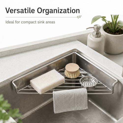 Stainless Steel Corner Sink Shelf - Space Saving Triangular Dish Drying Rack - Black