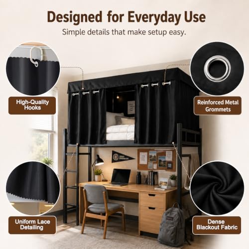 Blackout Bunk Bed Curtains for Dorms and Top Bunk Beds - Privacy & Light Blocker