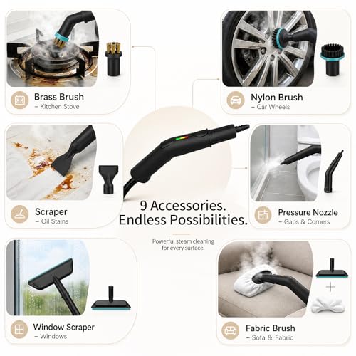 Multi-Purpose Handheld Steam Cleaner for Home and Car Cleaning - 3-Level Adjustable Pressure, Fast Heat-Up