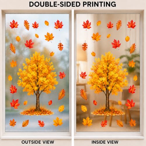 Large Fall Maple Tree Window Clings - 8 Sheets Autumn Thanksgiving Decor - Reusable Static Stickers