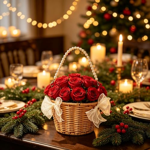 Wedding Flower Girl Basket Set with Pearl Handle & Petals, Rustic Rattan