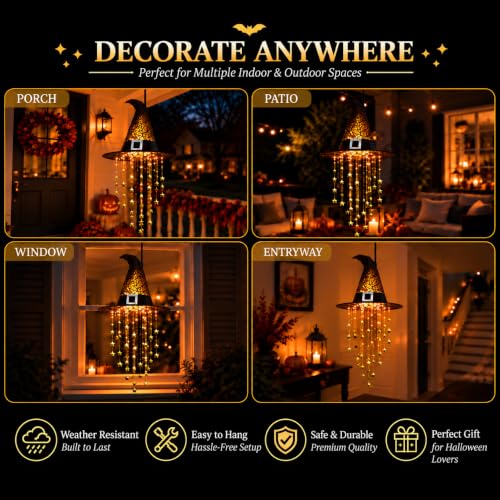 Halloween Hanging Witch Hat with Lights - Black 1PC with Cascading Star Tassels