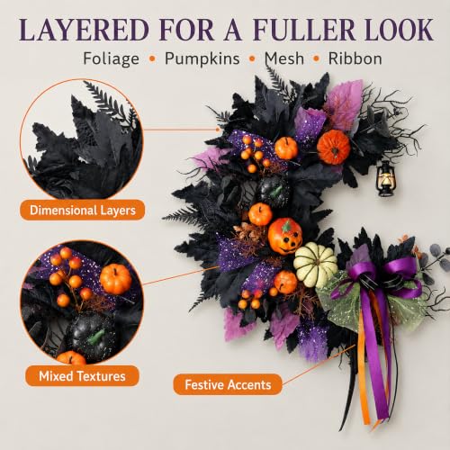 Halloween Wreath for Front Door Crescent Moon Pumpkins Lantern Spooky Decor
