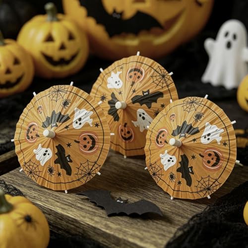 Halloween Cocktail Umbrella Picks with Pumpkin Ghost Bat Design - 50 Pcs