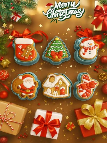 Christmas Cookie Cutters Set - 3D Raised Design Biscuit Molds with Santa Snowman Tree - Christmas C Variation