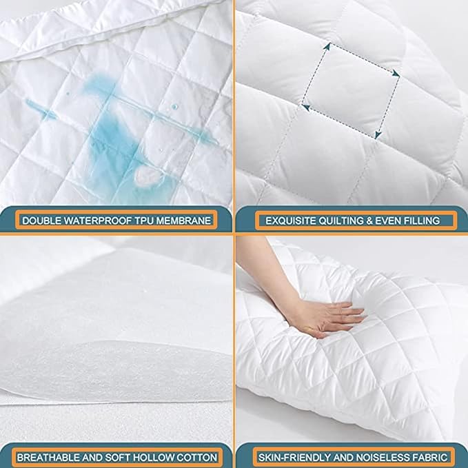 White King Waterproof Quilted Pillow Protectors Set with Zippered Encasements