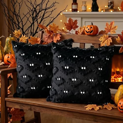 Halloween Pillow Covers 18x18 Inch - Black Bat Embroidery, Pack of 2 - Variation: Black1