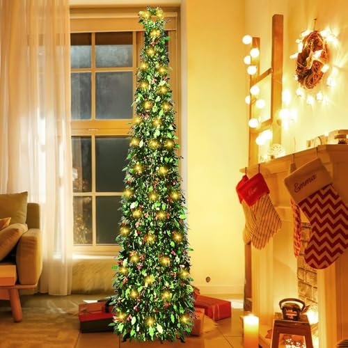 Collapsible 5ft Artificial Christmas Tree with LED String Lights - Red-Berry & Harry-Leaf Variation