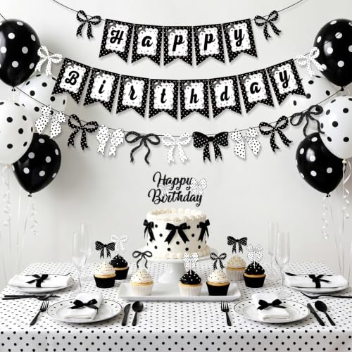 Black and White Birthday Banner and Balloon Set - Polka Dot Party Decorations
