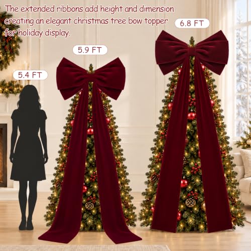 Large Burgundy Velvet Christmas Tree Topper Bow - 27.6 x 78.7 Inches