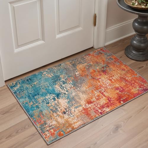 Washable Abstract Runner Rug 2x5 ft Non-Slip Entryway Carpet - Aqua Saffron
