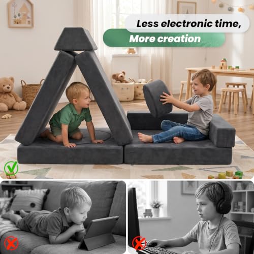 Modular Kids Play Couch Set - Dark Grey, 14.7x32.4x55.1 Inches, 16 Pieces