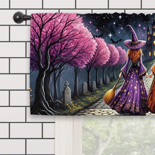 Halloween Witch Kitchen Curtain Valance 54W x 18L Inch - Pink Yellow Variation