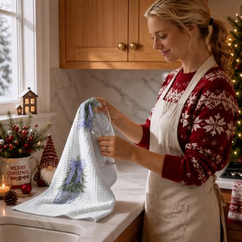Chinoiserie Christmas Kitchen Towels - Blue Bow Tree Dish Hand Towels Multi 0368