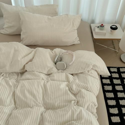 Queen Beige Striped Comforter Set - All Season Microfiber Bedding 3pcs