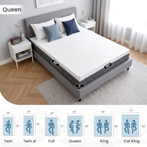 Queen Size 3-Inch Gel Memory Foam Mattress Topper Ventilated Soft Cover - White