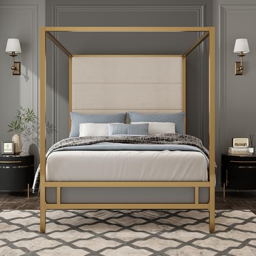 King Canopy Bed with Tall Linen Headboard and Gold Metal Frame - Tan & Gold, King Size