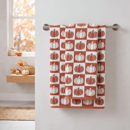 Fall Bath Towels Set of 2 - Checkered & Pumpkin Cotton 27.5 x 55 Inches - Pumpkin Variation