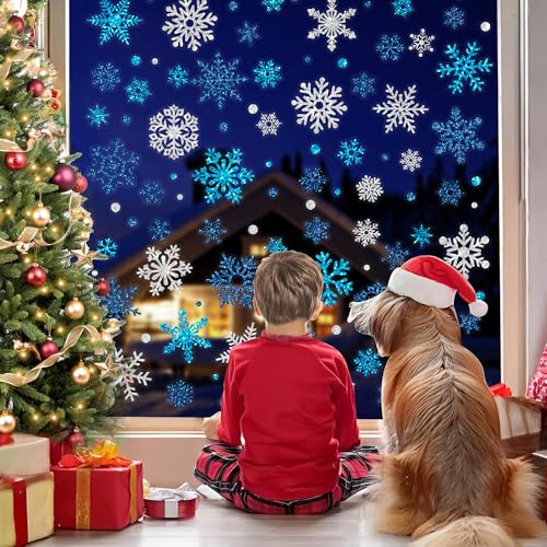 9 Sheets Glitter Snowflake Window Clings for Christmas Holiday Decor - Blue & Silver