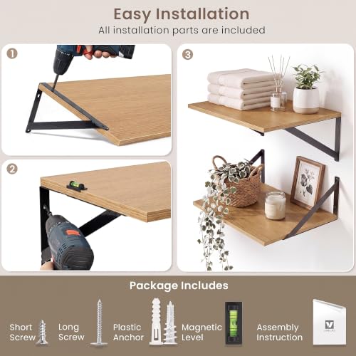 Oak Wall Shelves Set of 2 - 16x6 Inch Small Wooden Wall Storage