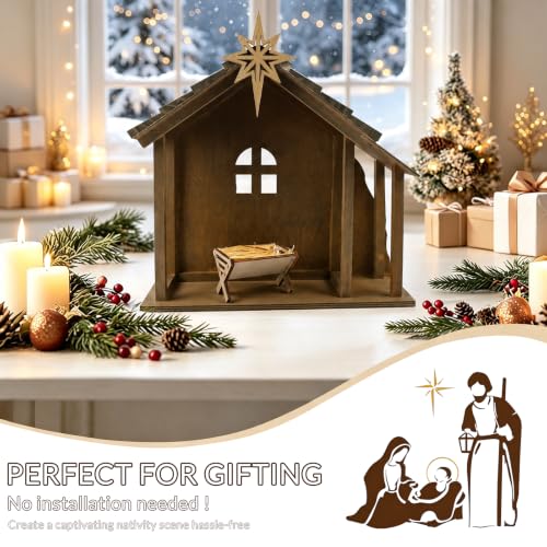 Wooden Nativity Scene Stable with Star & Lights - Christmas Decor 12"