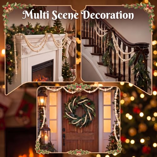 Natural Wood Bead Garland 18.4 Ft Rustic Boho Christmas Decor - 2 Pcs