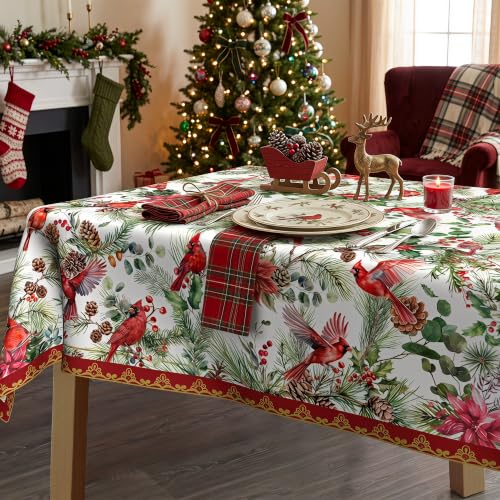 Christmas Tablecloth 60x60 Inch Water Resistant Square Cover - Red Cardinal & Holly