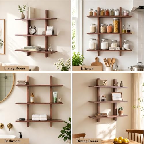 Brown 28 Inch x 31.5 Inch 3-Tier Floating Wall Shelf - Heavy Duty Pine Wood