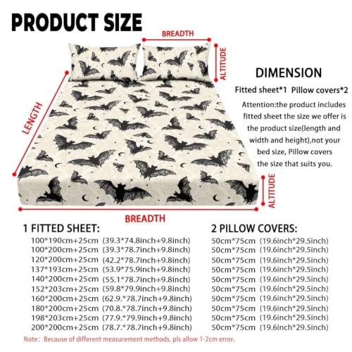 Halloween Bat Bed Sheets Set Queen Size - Bat Fitted Sheet & Pillowcases - Beige