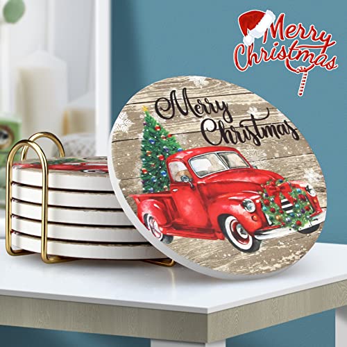 Christmas Truck Coasters Set with Gold Holder - Red Vehicle Holiday Drink Coasters - Variation of Truck Christmas Tree 01