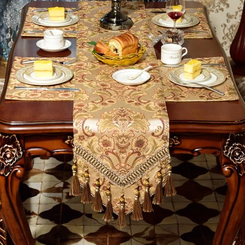 Luxury Velvet Table Runner 120 Inch with Damask Jacquard Dark Gold Variation