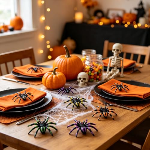 Halloween Plastic Spiders Set of 8 - Patterned, Realistic Decorations