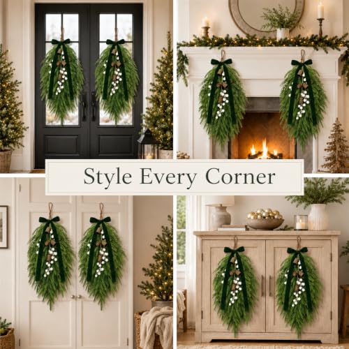 Green 2 Pack Christmas Pine Needle Berries Teardrop Door Swag Wreath Decor